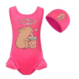 Cute Capybara Loves Bubble Tea Clothes Kids Summer Swimwear Baby Girls One Piece Swimsuit & Cap Children Vacation Bikini Suits