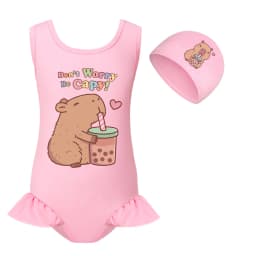 Cute Capybara Loves Bubble Tea Clothes Kids Summer Swimwear Baby Girls One Piece Swimsuit & Cap Children Vacation Bikini Suits