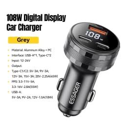 Essager 108W 3Ports USB Car Charger Digital Dispaly PD3.0 Fast Charging Quick Charge 3.0 Adapter for iPhone 16 15 Xiaomi Samsung