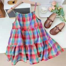 Summer Tropical Style Colorful Checkered Camisole Dress Thin Casual Girls' Clothes 3-7 Years Old Korean Version Daily Wear