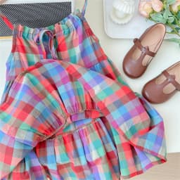 Summer Tropical Style Colorful Checkered Camisole Dress Thin Casual Girls' Clothes 3-7 Years Old Korean Version Daily Wear