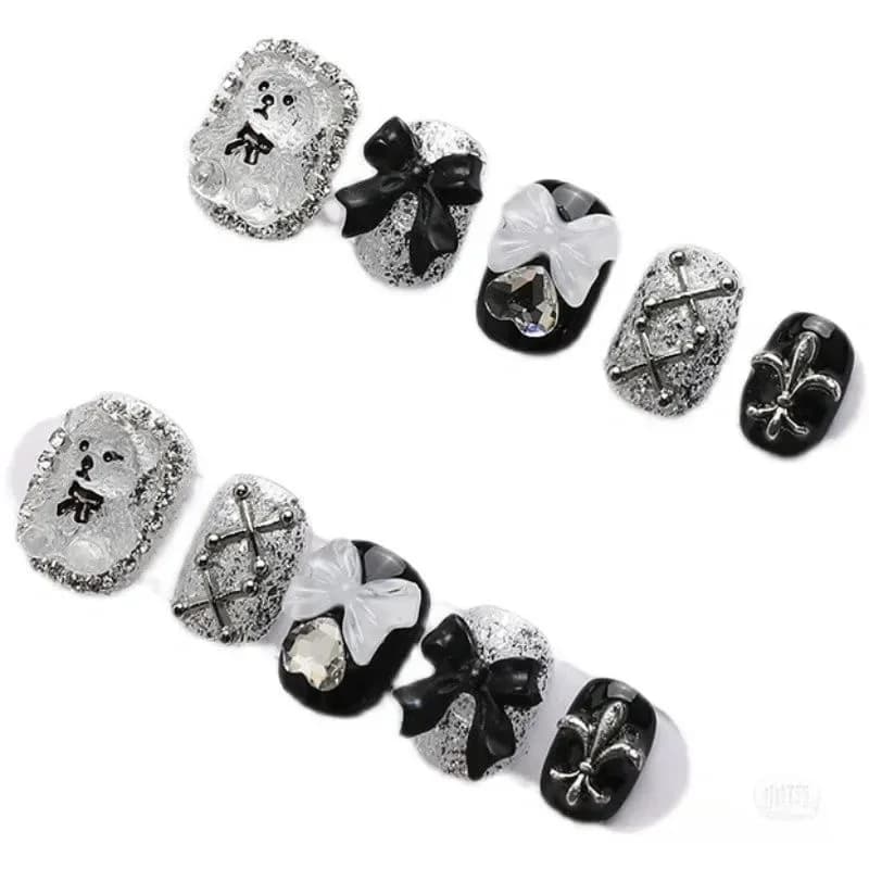 10pcs Handmade Bear & Bow Press-On Nails - Short Square Glossy Fake Nails with Cute Cartoon Bear Designs Nails for Women/Girls