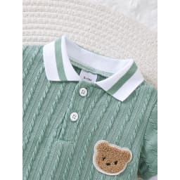 Newborn Baby Boy Romper Short Sleeved Striped Lapel with Little Bear Pattern Gentleman's Jumpsuit Summer Baby Onesie1-18Months