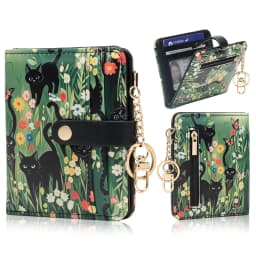 Black Cat Floral Pattern Rfid Women's Wallet, Ultra-Thin Compact Credit Card Wallet, with Keychain, Pu Leather Bi-Fold with Zipper Coin Pocket, Transparent Id Window, Suitable for Women/Girls