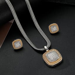 Zircon Necklace Set Geometric Square Shape Pendant Earrings Copper Plated 18K Gold Jewelry Set