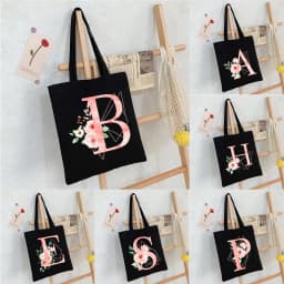 Black Floral Alphabet Canvas Tote Bag Vintage Aesthetic Shoulder Bag for Women Students Large Capacity Book Handbag Eco-friendly