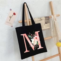 Black Floral Alphabet Canvas Tote Bag Vintage Aesthetic Shoulder Bag for Women Students Large Capacity Book Handbag Eco-friendly