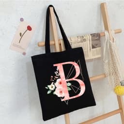 Black Floral Alphabet Canvas Tote Bag Vintage Aesthetic Shoulder Bag for Women Students Large Capacity Book Handbag Eco-friendly