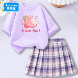 Kids' Summer School Outfit - Kawii Bunny & Strawberry T-Shirt Top + Plaid Skirt 2 Piece Set Fashion Girls Clothes