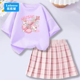 Kids' Summer School Outfit - Kawii Bunny & Strawberry T-Shirt Top + Plaid Skirt 2 Piece Set Fashion Girls Clothes