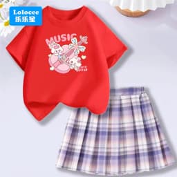 Kids' Summer School Outfit - Kawii Bunny & Strawberry T-Shirt Top + Plaid Skirt 2 Piece Set Fashion Girls Clothes