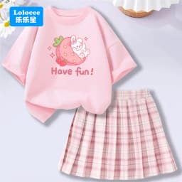 Kids' Summer School Outfit - Kawii Bunny & Strawberry T-Shirt Top + Plaid Skirt 2 Piece Set Fashion Girls Clothes