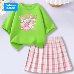 Kids' Summer School Outfit - Kawii Bunny & Strawberry T-Shirt Top + Plaid Skirt 2 Piece Set Fashion Girls Clothes