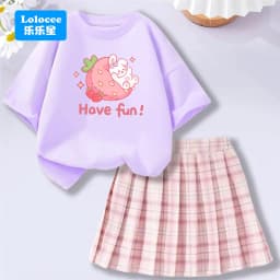 Kids' Summer School Outfit - Kawii Bunny & Strawberry T-Shirt Top + Plaid Skirt 2 Piece Set Fashion Girls Clothes