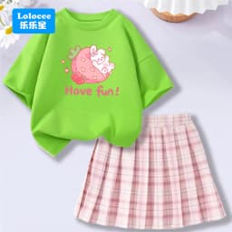 Kids' Summer School Outfit - Kawii Bunny & Strawberry T-Shirt Top + Plaid Skirt 2 Piece Set Fashion Girls Clothes