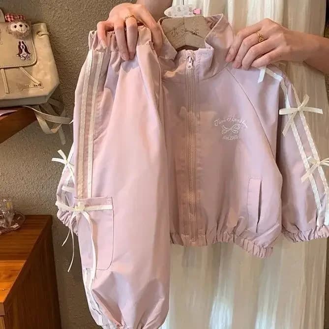 Korean-Style Girls' 2-Piece Set - Bow Detail Jacket + Casual Pants | Spring Toddler Outfit Toddler Girl Clothes Baby Outfit Set