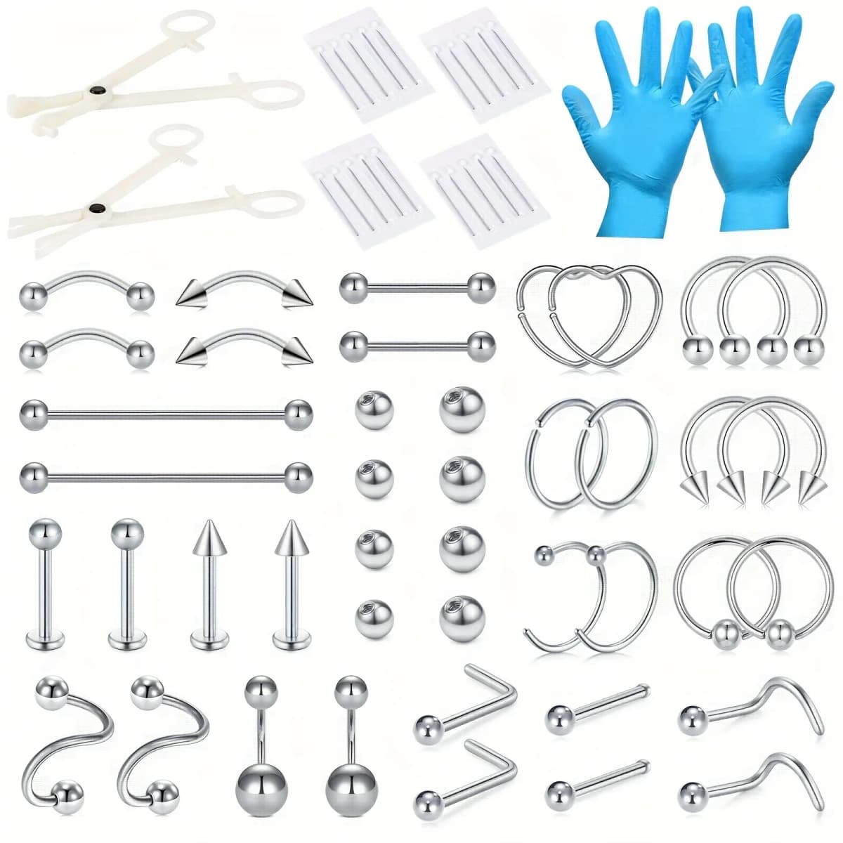 50pcs Body Piercing Kit, Heart C-Shaped L -Shaped Nose Ring,Stainless Steel Nose Lip Tongue Eyebrow Cartilage Ear Stud,