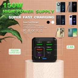 150W 6-Port PD QC3.0 USB C Wall Charger Super Fast Charging Station For iPhone 15 16 Pro Samsung S24 iPad Xiaomi Huawei OnePlus