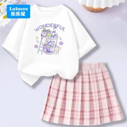 Lolocee Summer Girls' 2 Piece Set,Short Sleeve Fresh Drink & Bunny Print Top + Pink Plaid Skirt Outfit,Trendy Children's Fashion