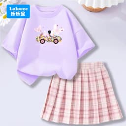 Lolocee Summer Girls' 2 Piece Set,Short Sleeve Fresh Drink & Bunny Print Top + Pink Plaid Skirt Outfit,Trendy Children's Fashion