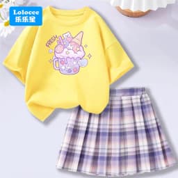 Lolocee Summer Girls' 2 Piece Set,Short Sleeve Fresh Drink & Bunny Print Top + Pink Plaid Skirt Outfit,Trendy Children's Fashion