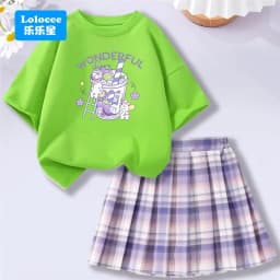 Lolocee Summer Girls' 2 Piece Set,Short Sleeve Fresh Drink & Bunny Print Top + Pink Plaid Skirt Outfit,Trendy Children's Fashion