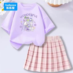 Lolocee Summer Girls' 2 Piece Set,Short Sleeve Fresh Drink & Bunny Print Top + Pink Plaid Skirt Outfit,Trendy Children's Fashion
