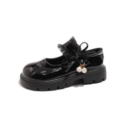 Bright Skin Girls Black School Shoes Princess PU Leather Soft Kids Flats Mary Janes for Wedding Party with Pearl Pendant Sweet