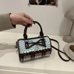 Korean Bow Polka Dot Bag Fashion Bowler Bag Color-blocked Lace Y2k Style Handbag Retro Sweet Plaid Crossbody Zipper Shoulder Bag