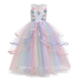 Girls Fantasy Unicorn Long Dress Rainbow Princess Girls Birthday Party Dress Children Kids Carnival Prom Gown for teen 3-12years
