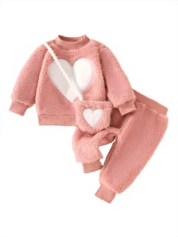 Winter Baby Girl Casual Cute Fuzzy Embroidered Heart Long Sleeve and Pants Set, 3-Piece Baby Outfit
