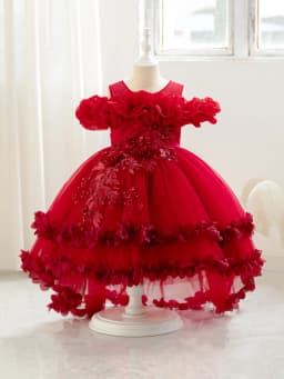 New Children's Dress Shoulder Birthday Party Princess Dress Solid Color Wedding Dress Holiday Dress Three-Dimensional Flowers