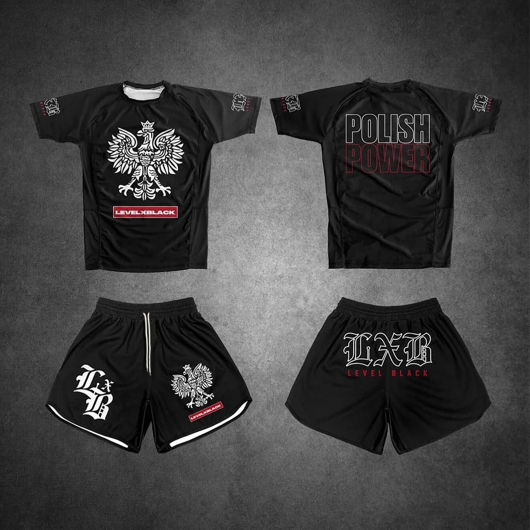 2025 Polish Power Level Black Sports T-shirts & Shorts Set Men's Eagle Print Rash Guard & Shorts Quick Drying MMA Training Suit