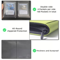 Holds 160 Cards|Trading Card Binder for 3”×4”Cards | 4-Pocket Double-sided Album |PU Leather Zipper Folder for Sports Cards