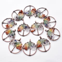 Wholesale 12pcs/lot 7 Chakra Natural Stone Wrap Wisdom Tree of Life gold colour Plated Round Pendants for necklace making
