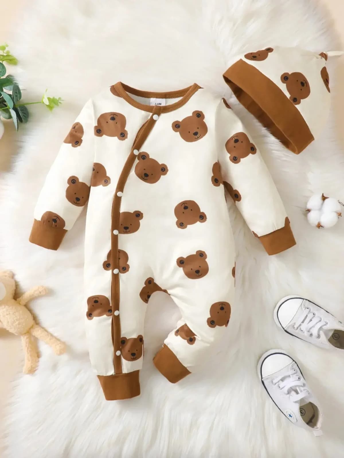 Winter Newborn Infant Baby Boys Romper Bear Print Long Sleeve Button Up Front Rompers Kids Onepiece Soft Fashion Baby Clothing
