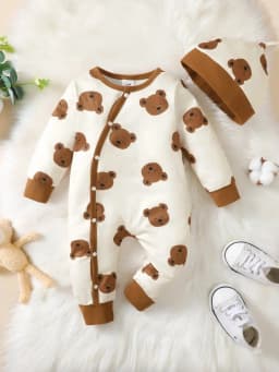 Winter Newborn Infant Baby Boys Romper Bear Print Long Sleeve Button Up Front Rompers Kids Onepiece Soft Fashion Baby Clothing