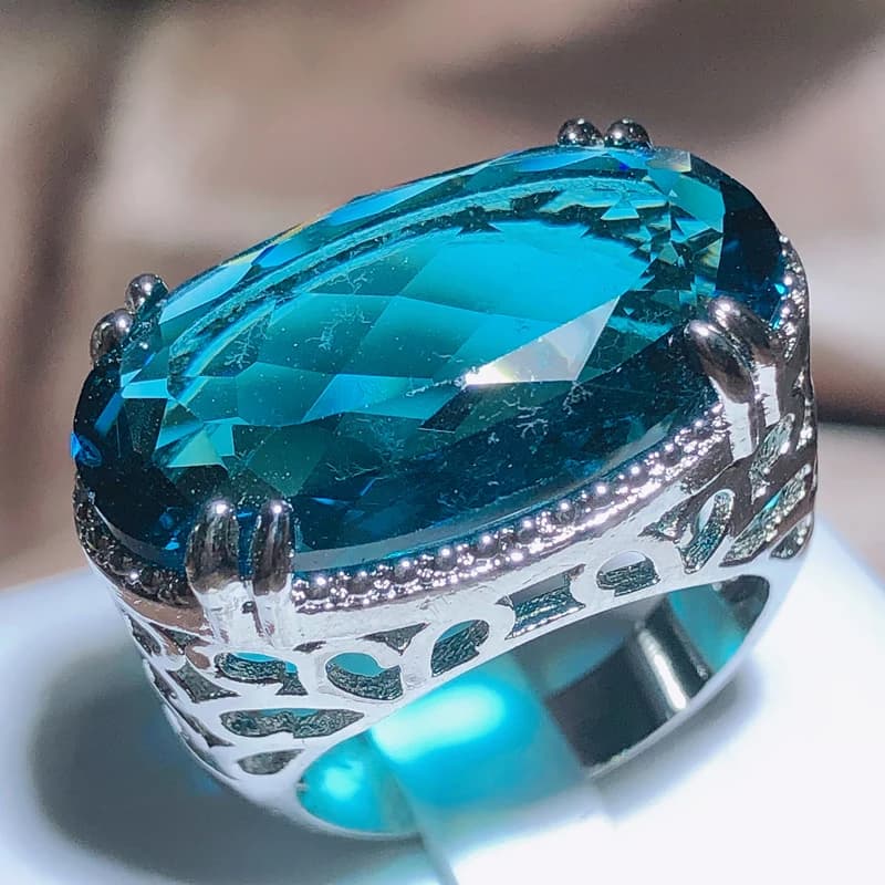 New Exaggerated Large Zircon Ring Women 925 Stamp Party Birthday Gift Oversized Blue Main Stone Ring