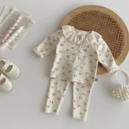 Ins Baby Spring and Autumn Children's Small Floral Baby suit Women's Lace Ruffle Collar Home Clothes 2 pces suit