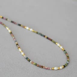 French retro art colored tourmaline real stone freshwater rice grain pearl bead short style fine necklace collarbone chain