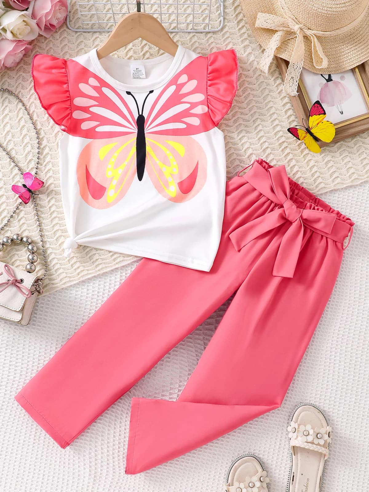 Summer new style casual children's set, breathable girls' butterfly print T-shirt and straight-leg pants two-piece set