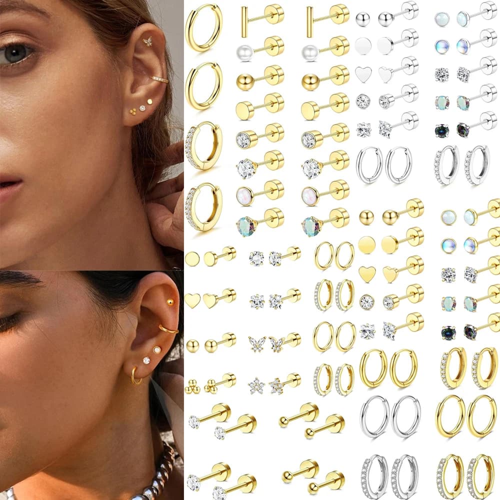 Fashion Heart Moon Flower Hypoallergenic Surgical Steel Flat Back Earrings for Women Men Stud Hoop Cartilage Earring Set Jewelry