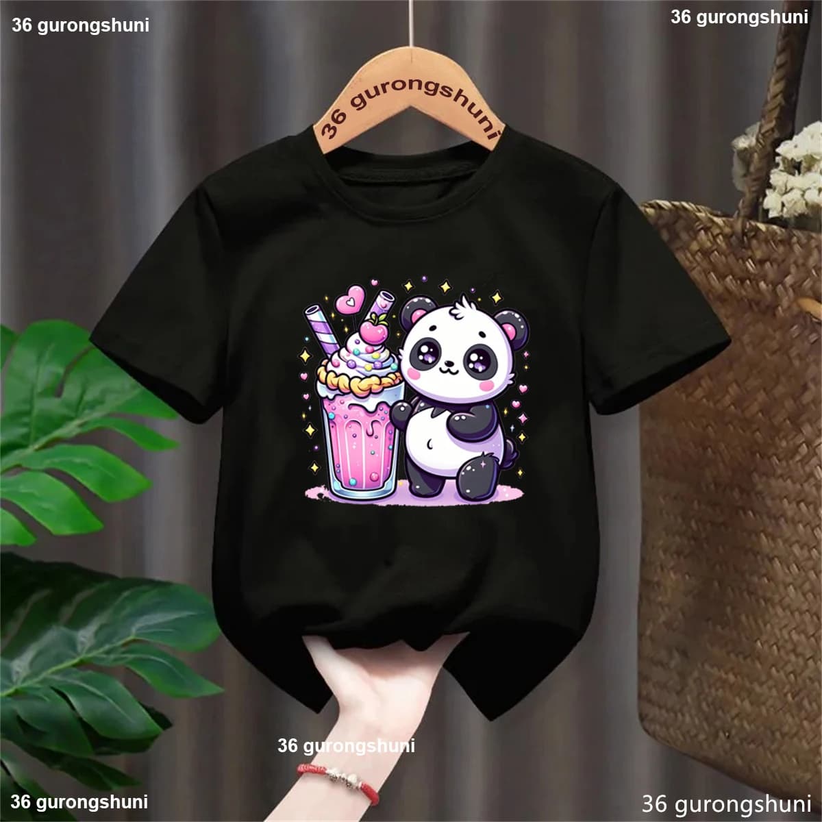 Kawaii Panda Boba Tea Tshirt,Pandas Love To Eat Ice Cream Cartoon Printed Girls T-Shirt Fashion Cute Children'S T Shirt Tops