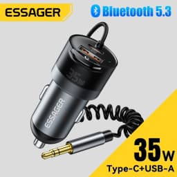 Essager 35W Dual Port Car Charger Bluetooth 5.3 AUX Retractable 3.5mm Jack Cable Fast Charge for iPhone 16 Huawei Xiaomi Samsung