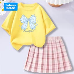 4-14Y Girl School Outfits Short Sleeve Heart Shape T-shirt and Elastic Waist Plaid Skirt 2pcs Sets For Children Preppy style