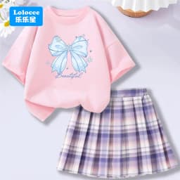 4-14Y Girl School Outfits Short Sleeve Heart Shape T-shirt and Elastic Waist Plaid Skirt 2pcs Sets For Children Preppy style