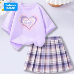 4-14Y Girl School Outfits Short Sleeve Heart Shape T-shirt and Elastic Waist Plaid Skirt 2pcs Sets For Children Preppy style