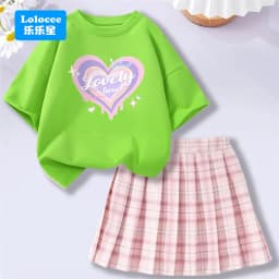 4-14Y Girl School Outfits Short Sleeve Heart Shape T-shirt and Elastic Waist Plaid Skirt 2pcs Sets For Children Preppy style