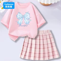 4-14Y Girl School Outfits Short Sleeve Heart Shape T-shirt and Elastic Waist Plaid Skirt 2pcs Sets For Children Preppy style