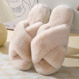 Women's Winter Open Toe House Slippers Fluffy Faux Fur Cross Strap Plush Slides Woman Solid Color Cozy Non Slip Indoor Slippers